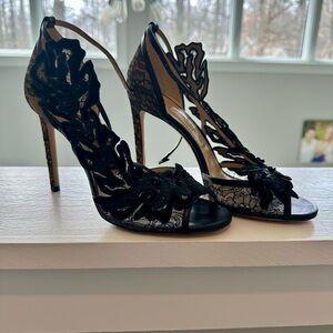 Jimmy Choo Black Strappy Stiletto Heels with Lace Detail